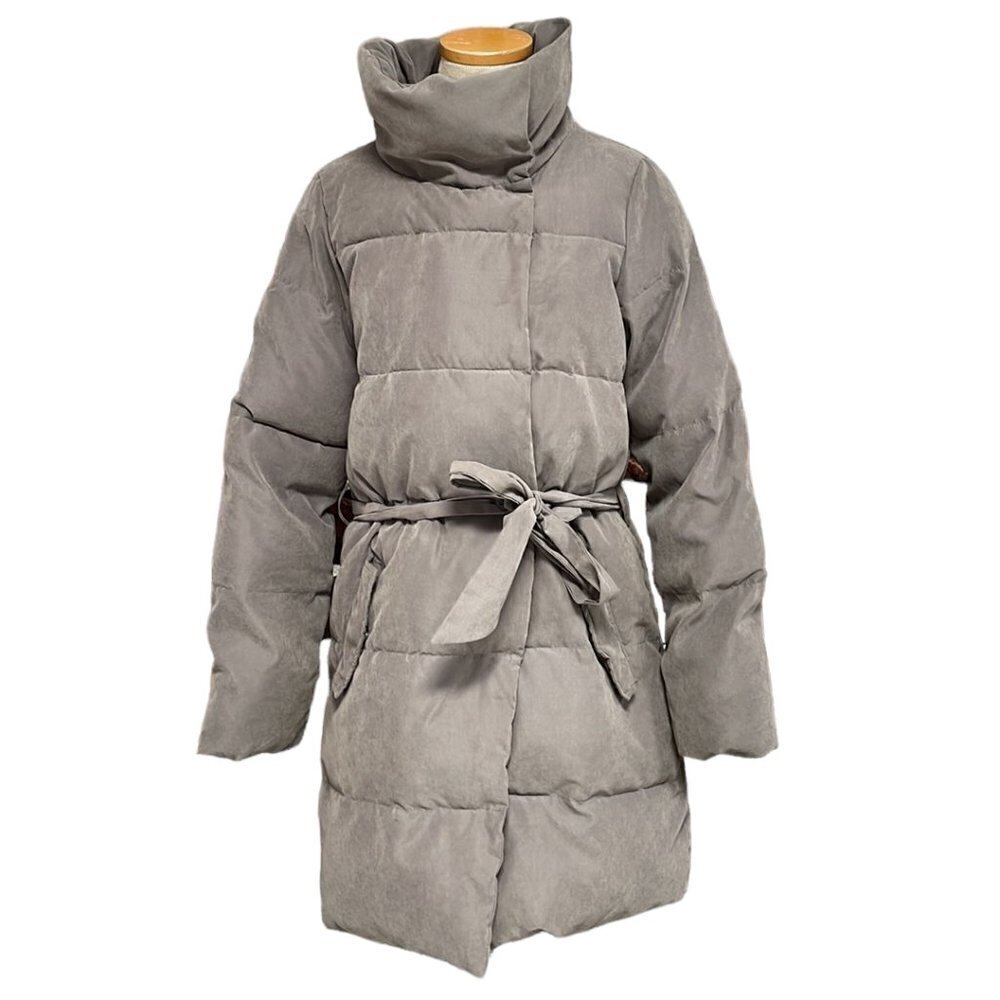 ICHI Puffer Trench Coat Square Tie Brown Size Medium M